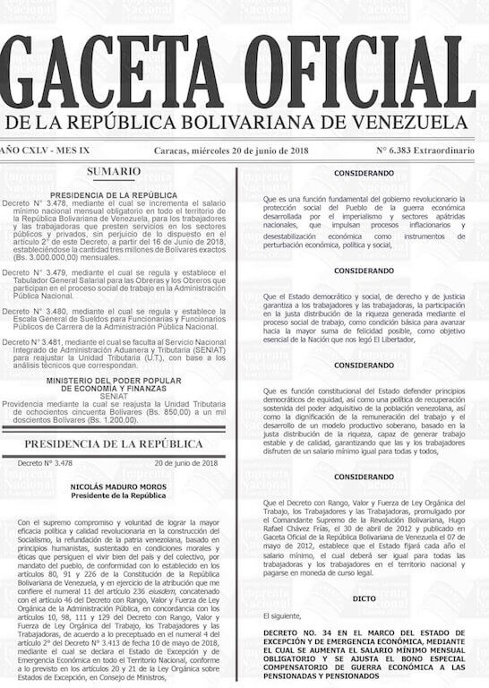 gaceta oficial junio 2018 salario minimo venezuela